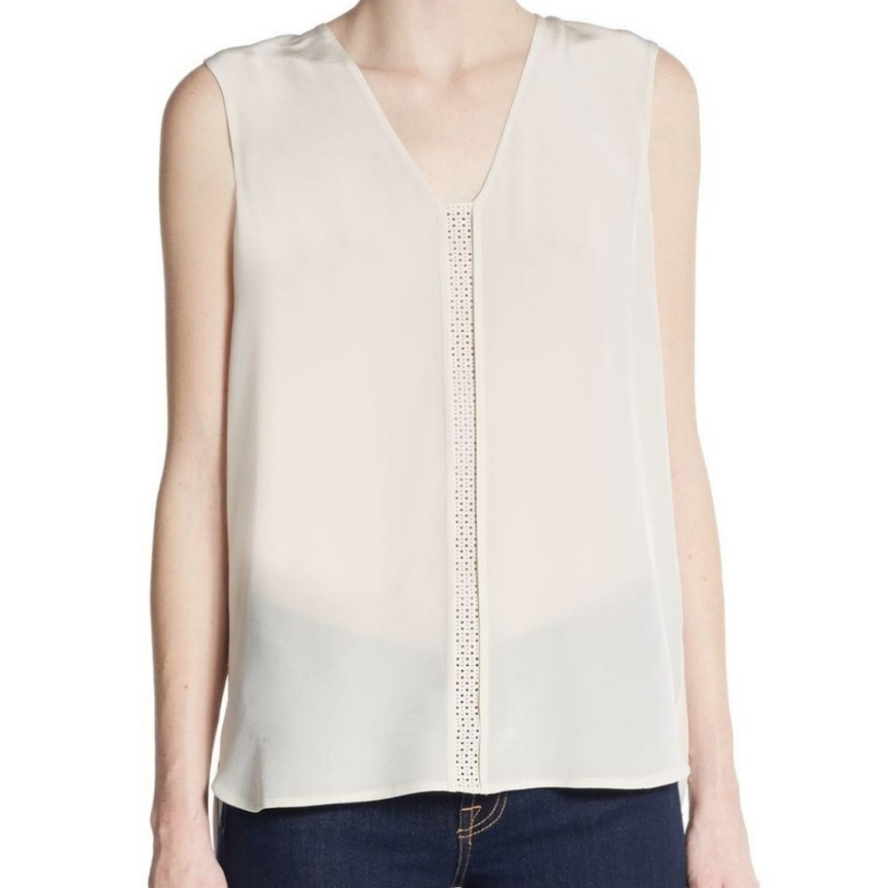 Vince Laser-Cut Leather Silk Blouse